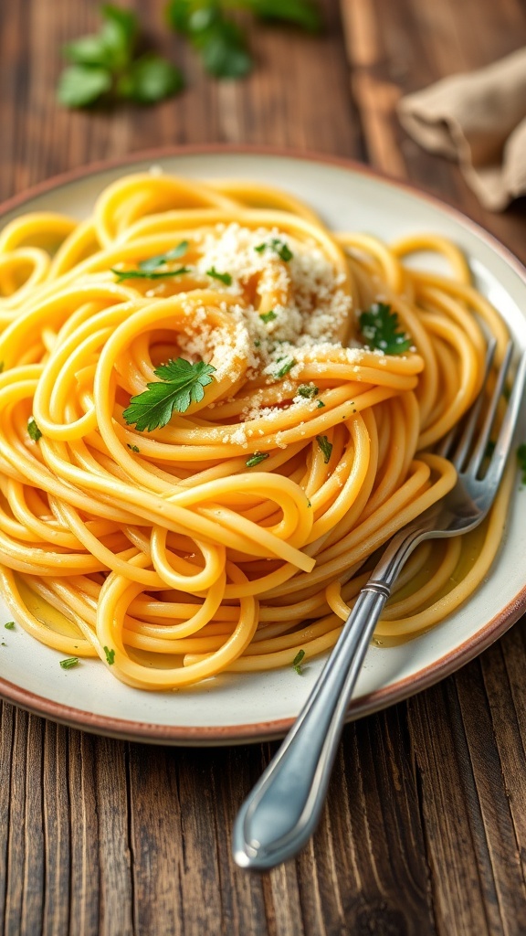 Quick and Easy Pasta Recipe A delicious plate of spaghetti with garlic and parsley, topped with Parmesan cheese on a wooden table.